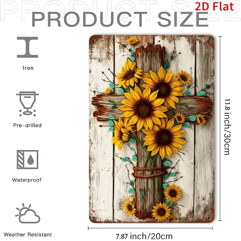 2D Flat Aluminum Wall Plaque,Vintage Cross Sunflower Country Style Metal Sign, Creative Decor for Entrance Corridor Coffee House
