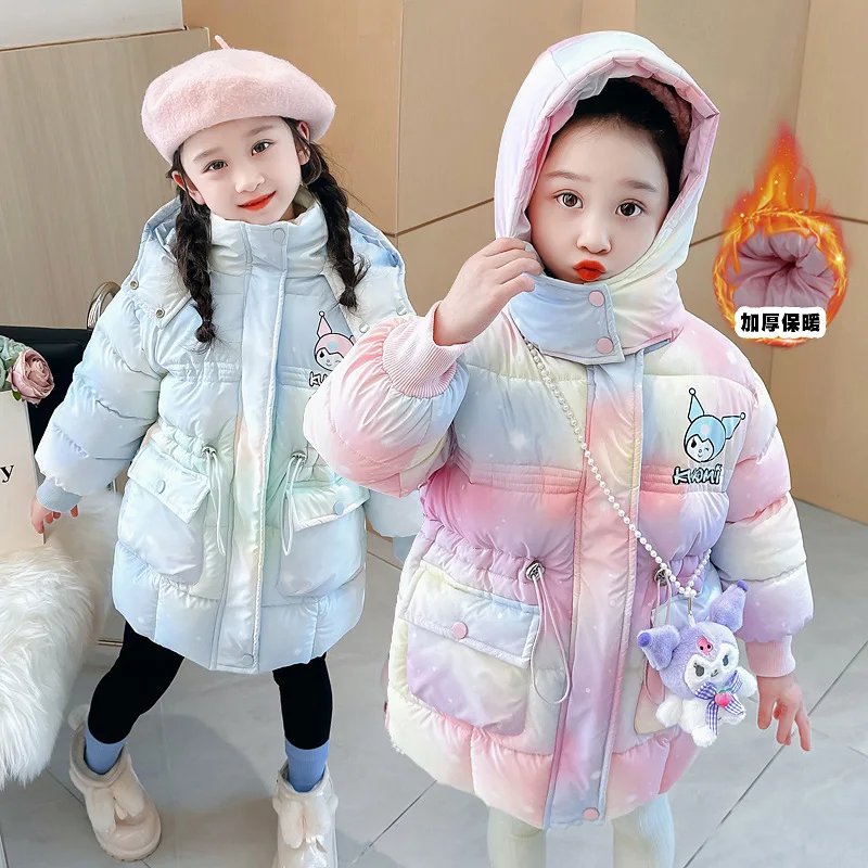 Kuromi Kids Long-Style Down Jackets Anime Sanrios Kuromi Winter Cute Jacket Girl Rainbow Color Plush Collar Hooded Overcoat Warm