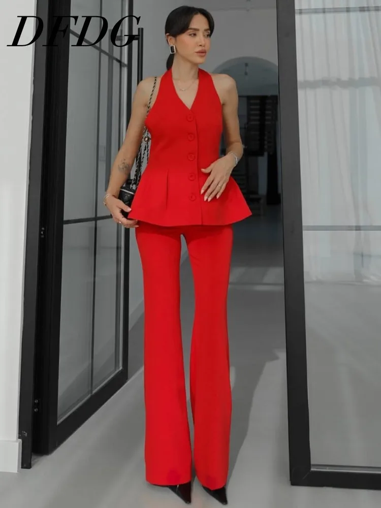 

DFDG Women 2026 Spring Summer Two Piece Outfit Halter Neck Peplum Top Flare Pants Elegant Office Party Formal Fashion Wear Set