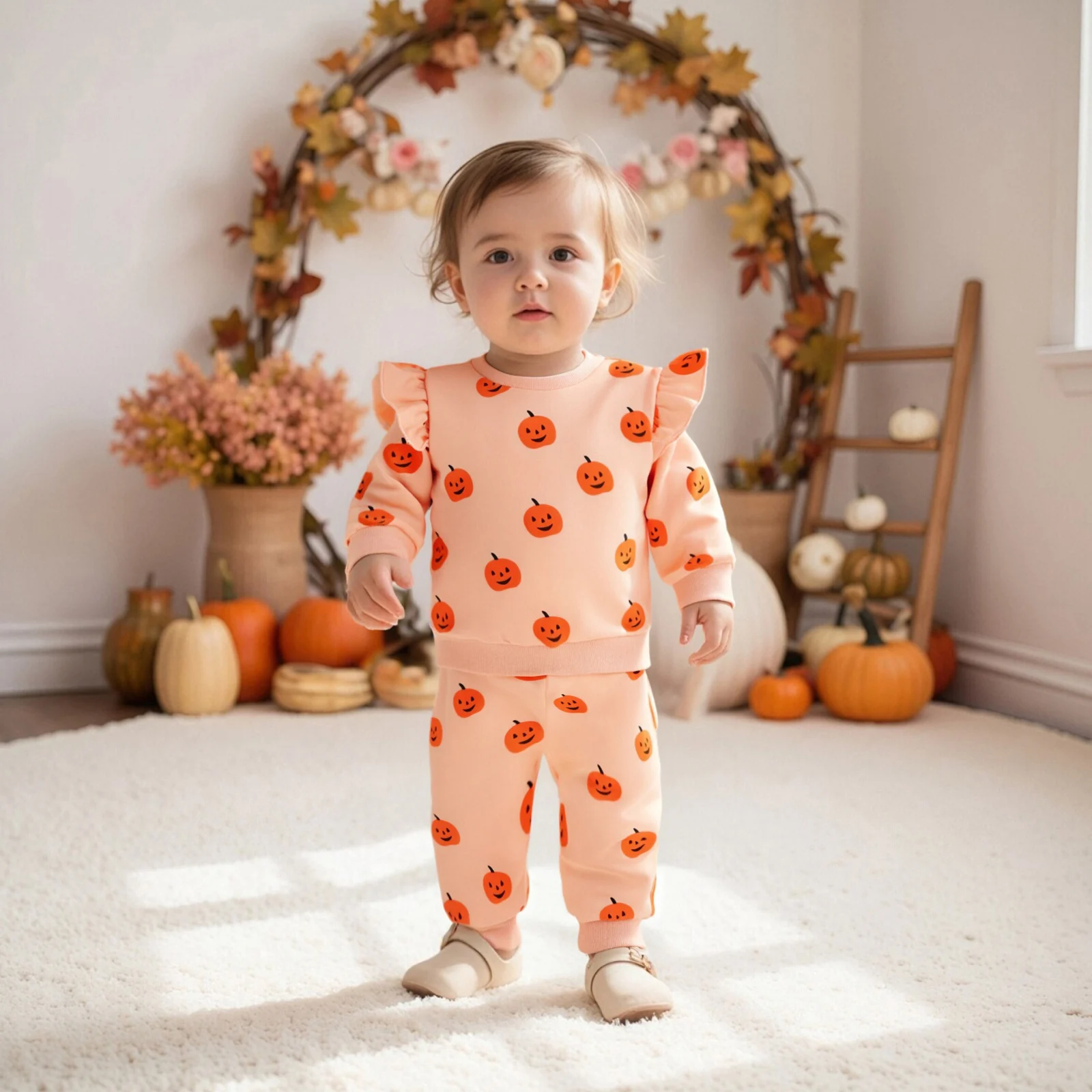 

Toddler Baby Girl Halloween Outfit Pumpkin Print Ruffle Trim Long Sleeve Sweatshirt Elastic Waist Pants 2Pcs Set
