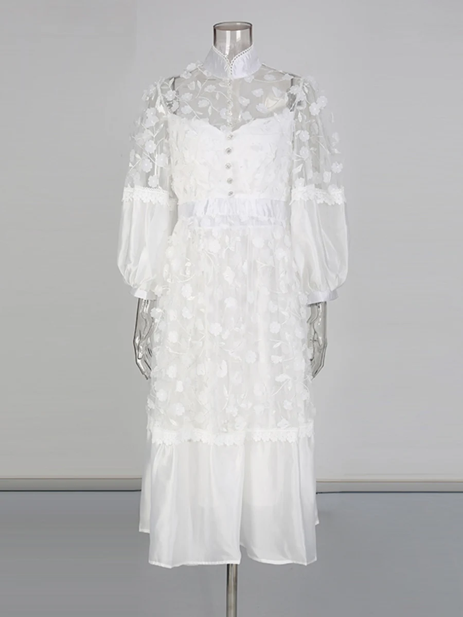 ชุดเดรสปักลายสีขาว CHICEVER สำหรับผู้หญิง คอตั้ง แขนยาว ทรงหลวม ผ้าโปร่ง แต่งผ้าต่อกัน ดีไซน์หรูหรา แฟชั่น