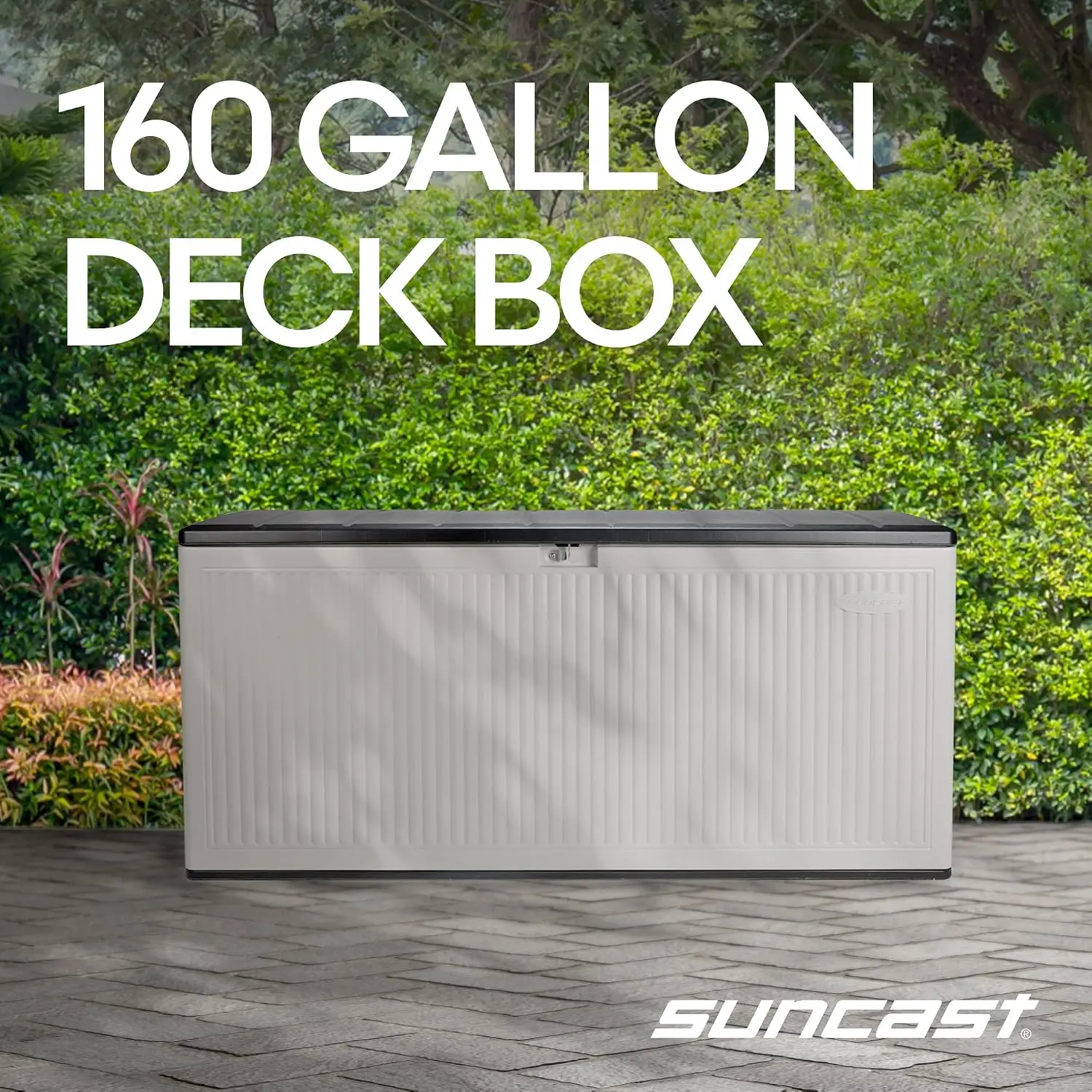 XL Deck Box, 160 Gal, Resin Reeded, Lockable, Iron Ore, French Gray