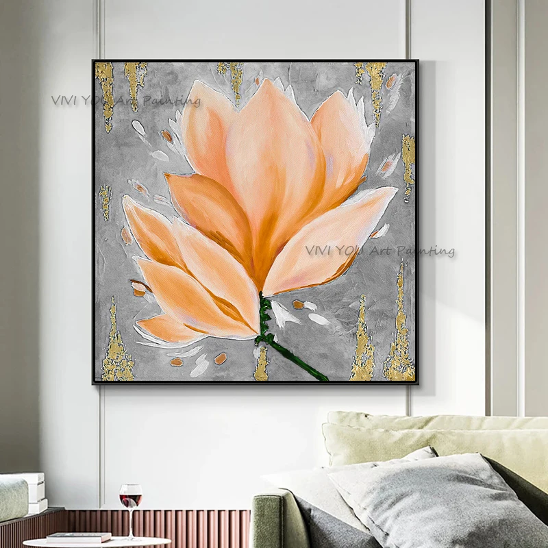 Handpainted Wall Oil Painting On Canvas Thick Textured Peach Lotus Gold Flake Oil Painting for Bedroom Sofa Decor