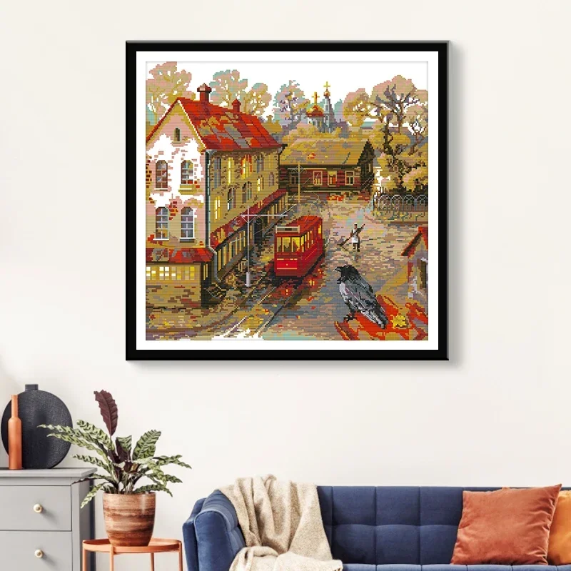 DIY Embroidery Cross Stitch Full Kit Streetcar Platform Pattern Counted Printed Canvas Aida 16CT 14CT 11CT Hand Needle Arts Kits