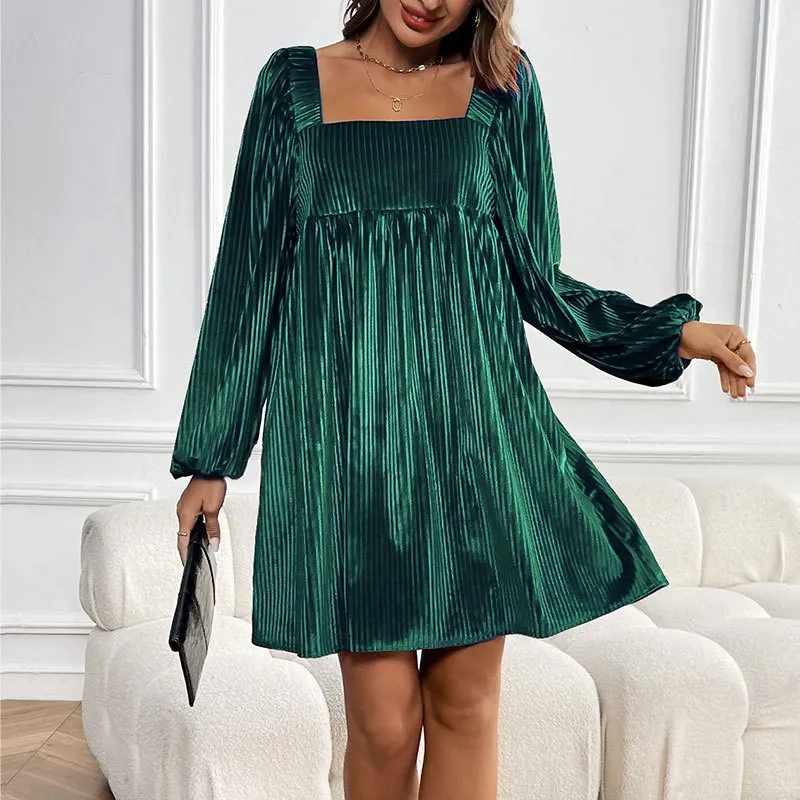 A Line Pullover Gown Midi Length Refined Commuter with High Waist Puff Sleeve Patchwork Elegant and Refined Autumn for Women