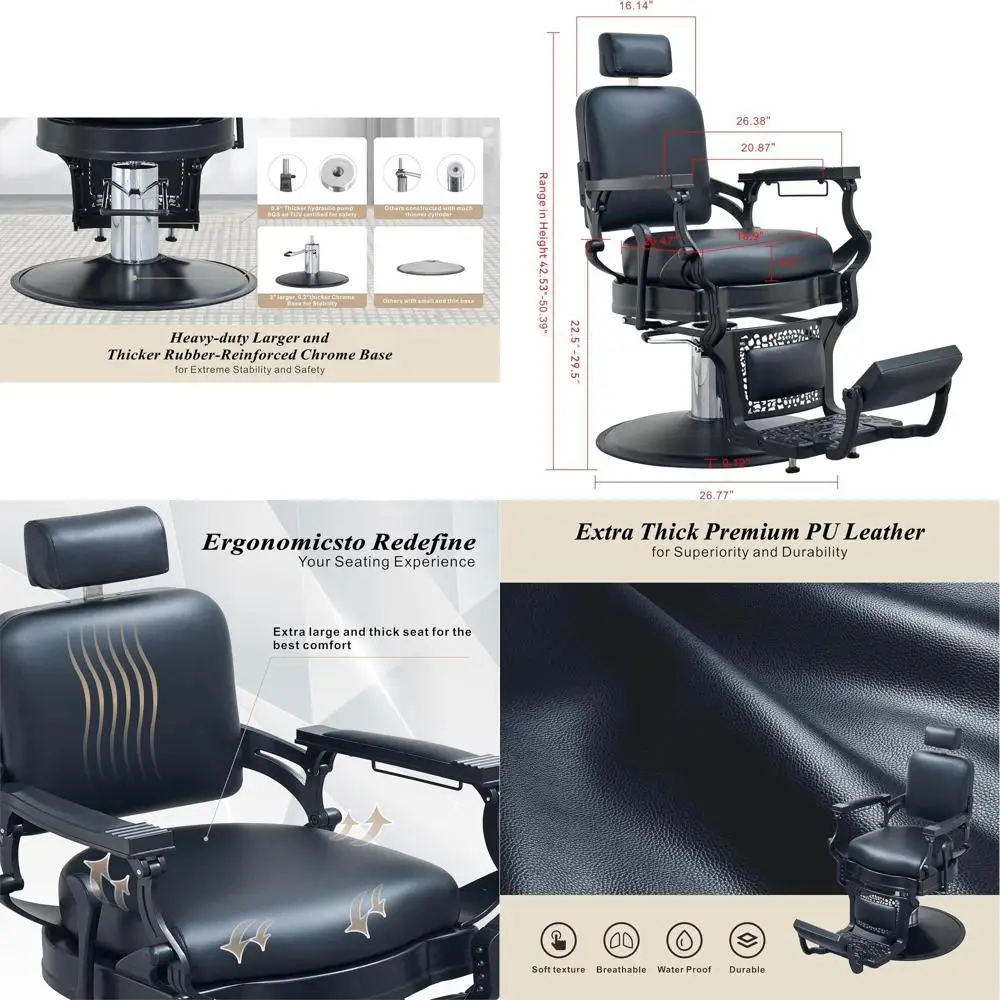 

Sturdy Vintage Barber Seat for Salons, Reclining Stylist Chair, Traditional Tattoo & Spa Massage Equipment