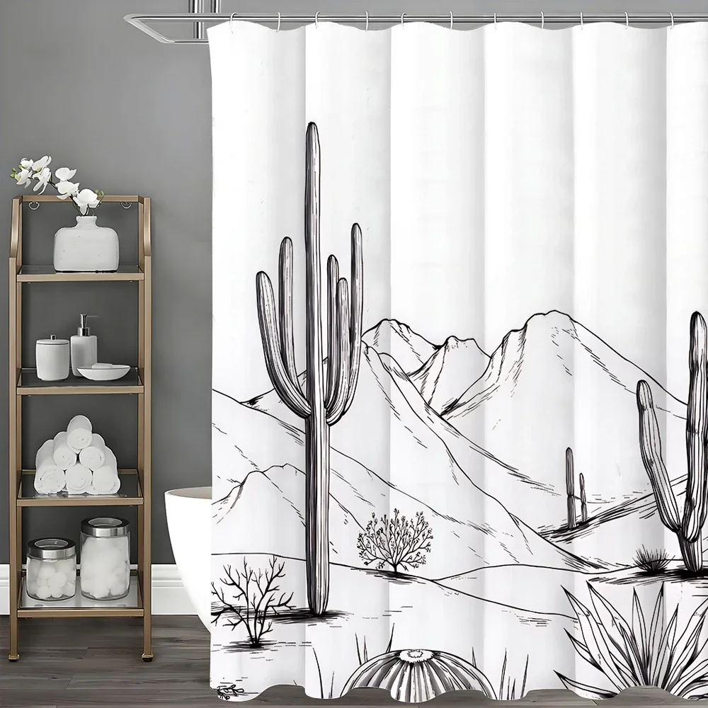

Line Art Desert Cactus Shower Curtain, Bathroom Decorative Shower Curtain, Waterproof Shower Curtain with Hooks