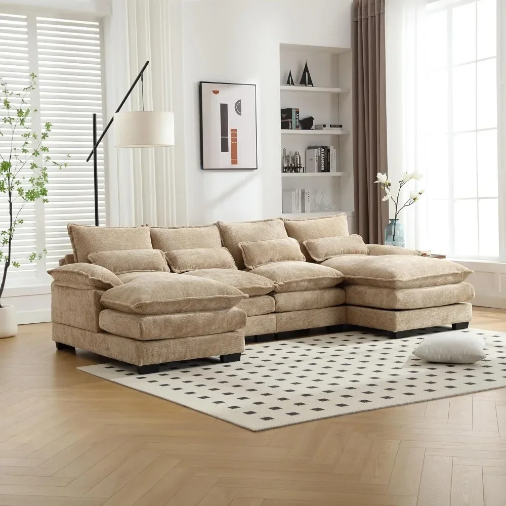 6 Seater Overstuffed Modular Sectional Sofa Cloud Couch with Double Chaise Lounge, Chenille Upholstered Leisure Sofa
