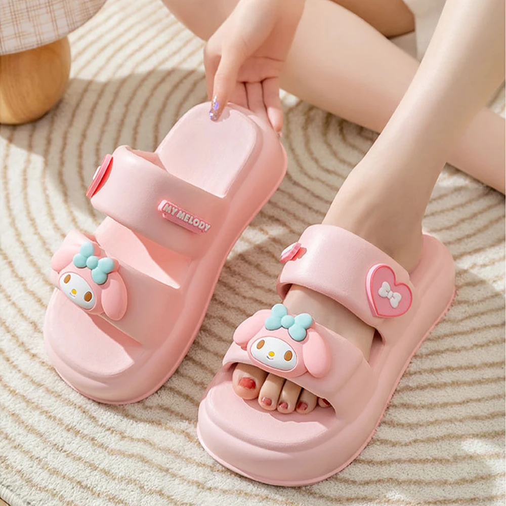 Cartoon Slippers Hello Kitty Melody Sanrioed Anime Kawaii Kuromi Cinnamoroll Cute Girls Non-Slip Thick Sole Shoes Summer Sandals