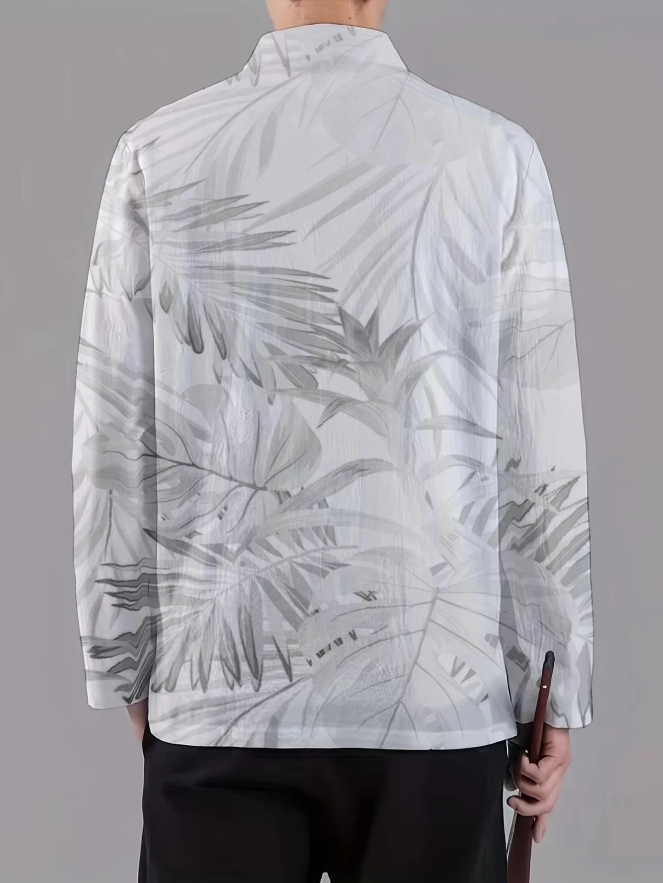 Men Mandarin Collar Frog Button Long Sleeve Jacket Chinese Butterfly Floral Leaf Art Print Casual Outerwear With Side Pockets