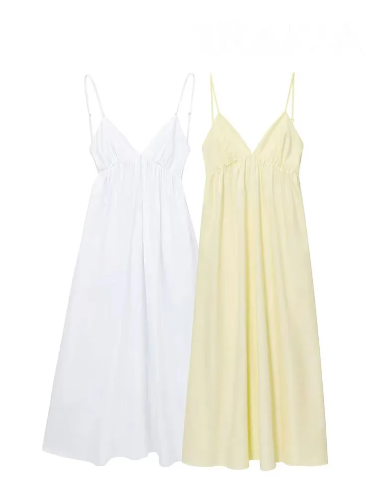 

HH Women Summer Fashion Solid V-Neck Slim Pleated Midi Sling Dress Female Elegant Sexy Backless Beach Party Sleeveless Dress