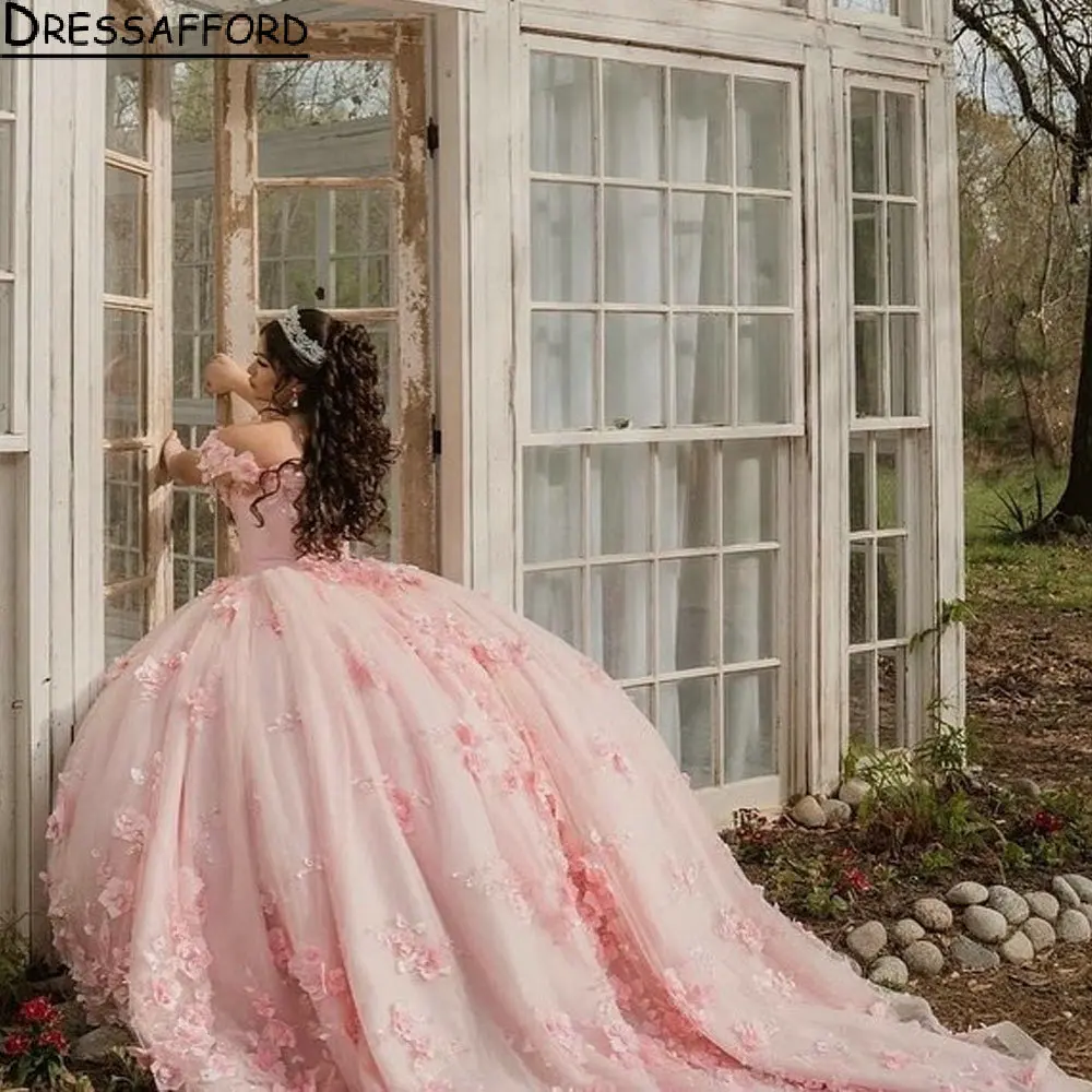 Vestido rosa sin hombros Para quinceañera, sin mangas, con flores en 3D, corsé de encaje Para XV Años