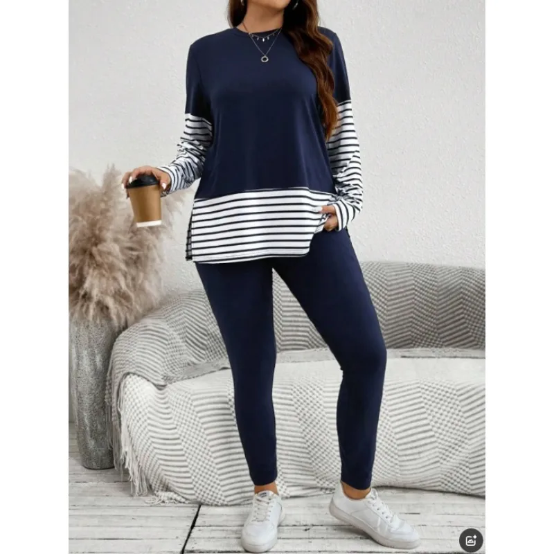 حجم كبير 1XL-5XL جديد المرأة المألوف فضفاض طويل الأكمام السراويل قطعتين مجموعة المرأة عادية مطبوعة قطعتين مجموعات