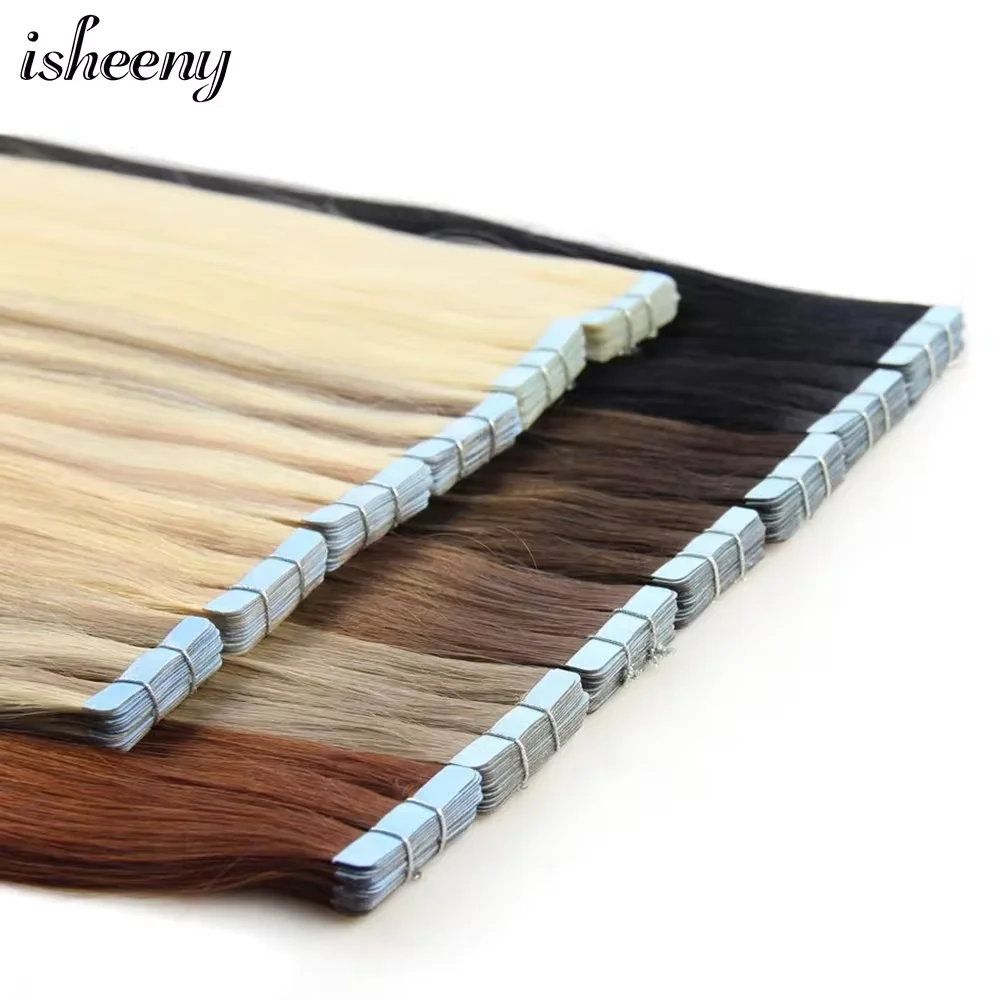 Isheeny Blonde Human Hair Tape In Extensions European Natural Hair Extension Skin PU Weft 14\