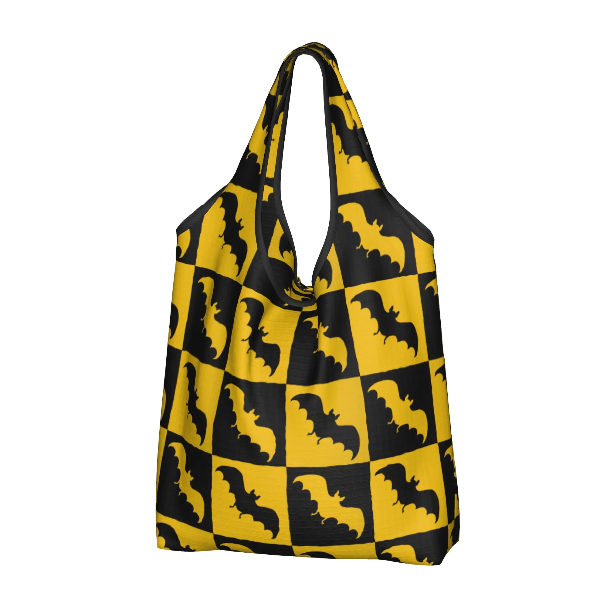 Cute Print Bats Checkerboard Black And Burnt Gold Tote Shopping Bag Portable Shopper Shoulder  Cute Animal  Handbag