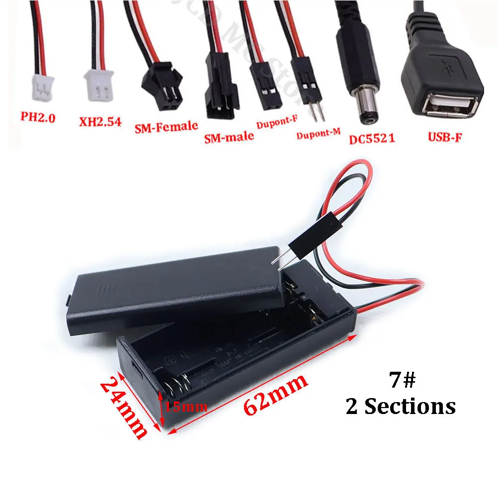 AAA Battery Holder/Storage Case Box With Cover Switch PH2.0/XH2.54/SM/Jumper Male/Female/DC5521/USB Plug Connector