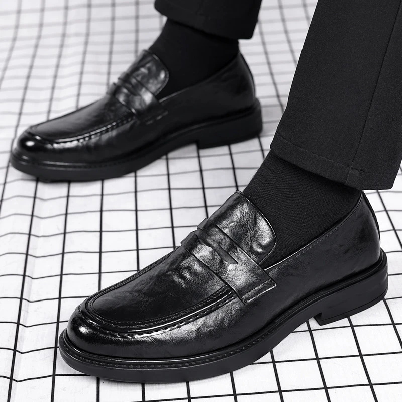 

Black Vintage Genuine Leather Loafers Slip On Casual Business Office Formal Daily Wear Dress Shoes One Kick Comfortable Simple