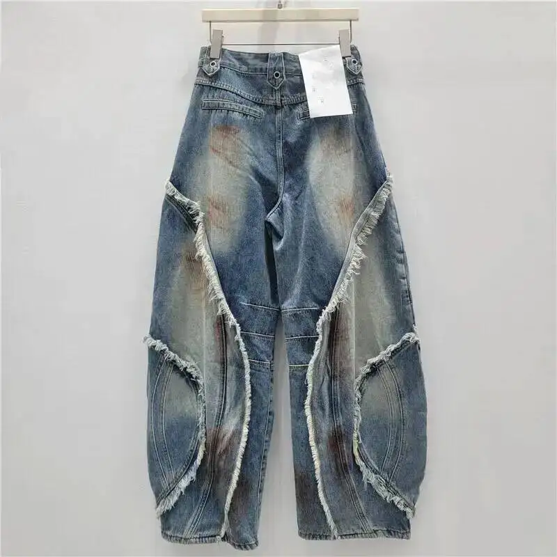 ANJY Autumn Winter New Women American Spicy Girl Patchwork Lace-up Cargo Jeans Fashion Washed Curved Mud-dyed Denim Pants A11682