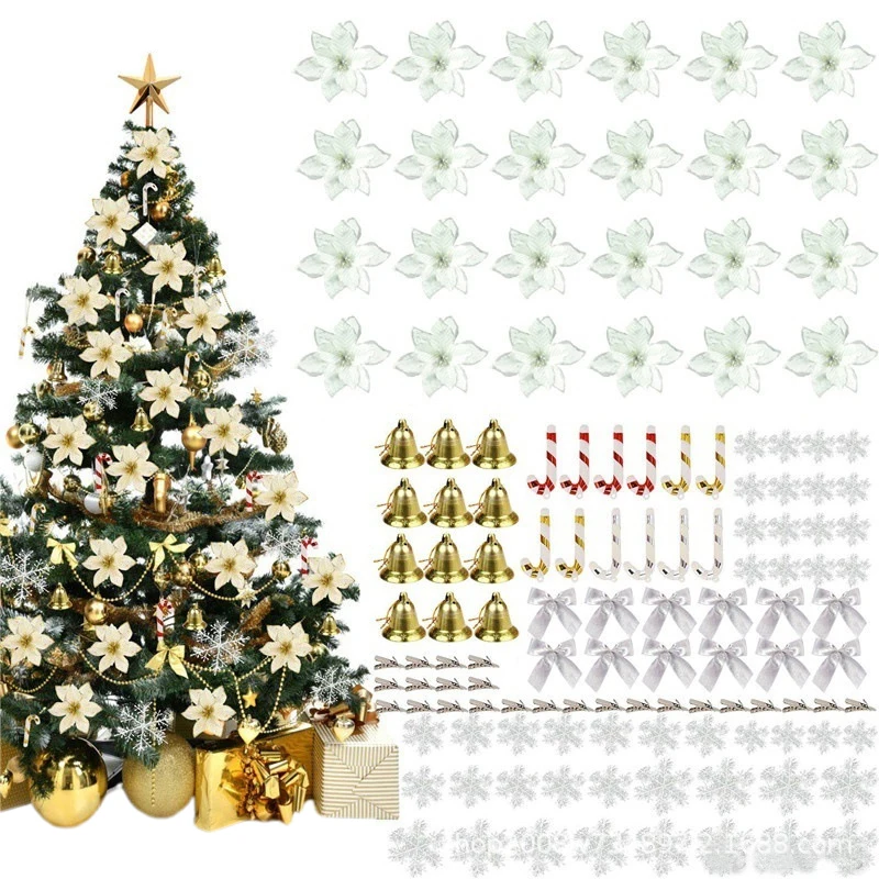 Christmas Tree Flower Decoration Set 120Pcs Poinsettia Bell Bow Candy Cane Snowflake Glitter Ornament for DIY Holiday