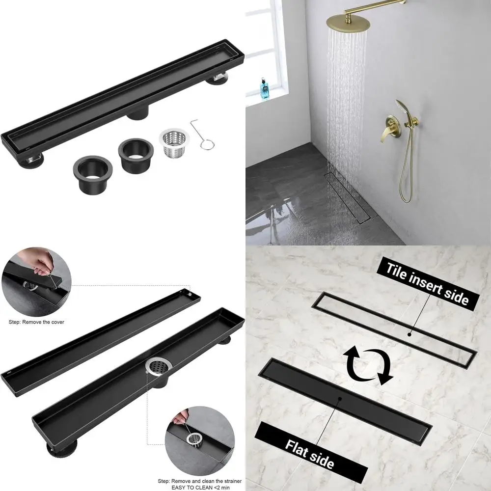

Матовый черный линейный душевой трап 26 мм с реверсивной вставкой под плитку и плоскую поверхность, напольный слив из нержавеющей стали, с уловителем волос, регулируемый