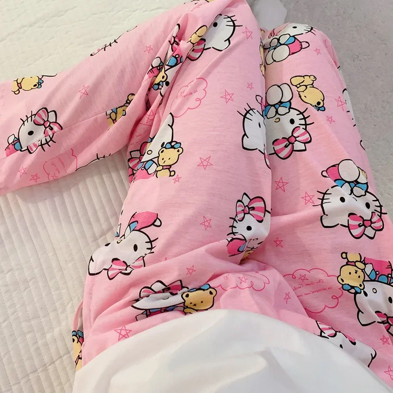 Sanrio Hello Kitty Cartoon Cute Pajamas Pink Women Loose Cotton Cartoon Casual Home Pants Spring and Summer Fashion Trousers