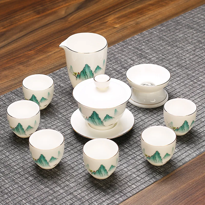 

Jade Fat Kung Fu Tea Set for Home Use, High-end Luxury Tea Set, Complete Set with Gaiwan, Teacups, Teapot, Gift Box