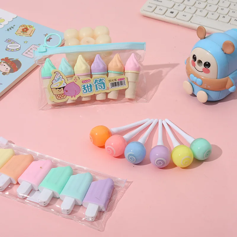 6Pcs/Lot Cute Cartoon Cat/Lollipop/Sugar Highlighters School Office Stationery Students Drawing Supplies Mini Paint Marker Pen