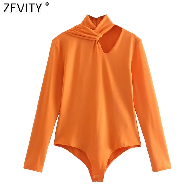 Zevity Women Sexy Candy Colors Hollow Out Design Knotted Bodysuits Office Ladies Casual Slim Siamese Chic Zipper Romper LS97981