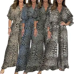 Loose Women Jumpsuit Leopard Print Wide Leg V Neck Jumpsuit Ruffle Patchwork High Waist Full Length Commute Beach Long Jumpsuit