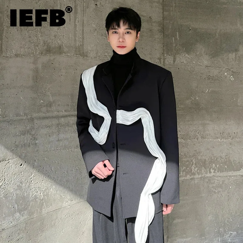 

IEFB Korean Style Men's Blazers Three-dimensional Ribbon Stand Collar Single Breasted Contrast Color Male Suit Jacket New 9C7253