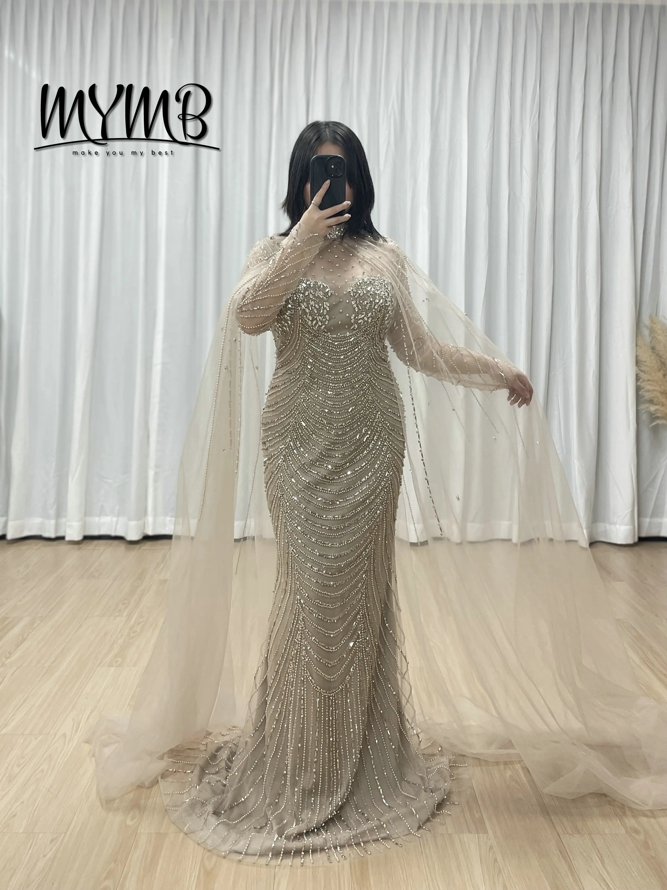 

MYMB Элегантное вечернее платье русалки с длинными рукавами и бисером с накидкой, свадебное платье в Саудовской Аравии для невесты, вечерние платья для женщин MC20102