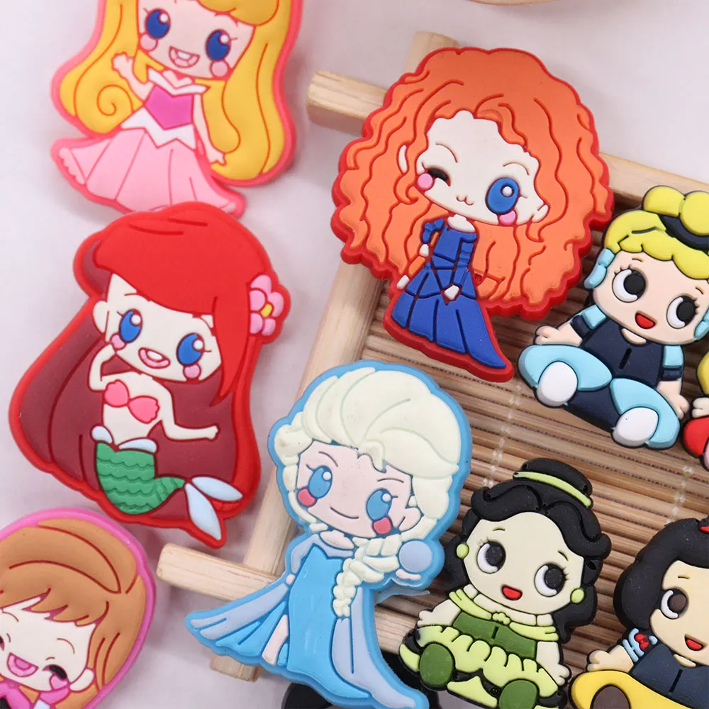 1-14Pcs PVC Aurora Ariel Girls Shoe Butoon Charms for Beautiful Disney Princess Decorations Fit Kids Backpack