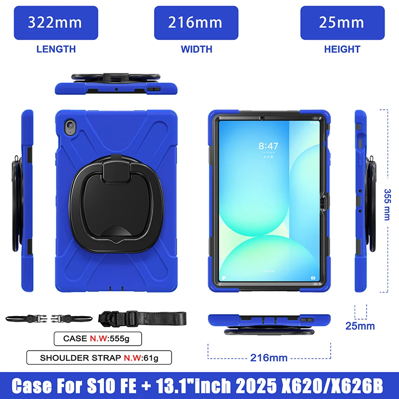 حافظة لهاتف سامسونج جالاكسي تاب S10 FE بلس 13.1 بوصة X620 X626B حافظة تابلت مسنده حزام الكتف 360 دوران الغطاء الواقي
