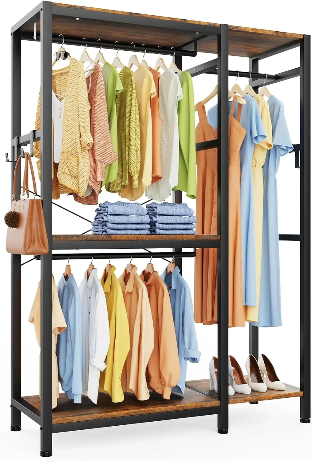 Standing closet organizer Heavy Duty clothes closet garment iron and wood Wardrobe with rod clothing racks for hanging clothes r