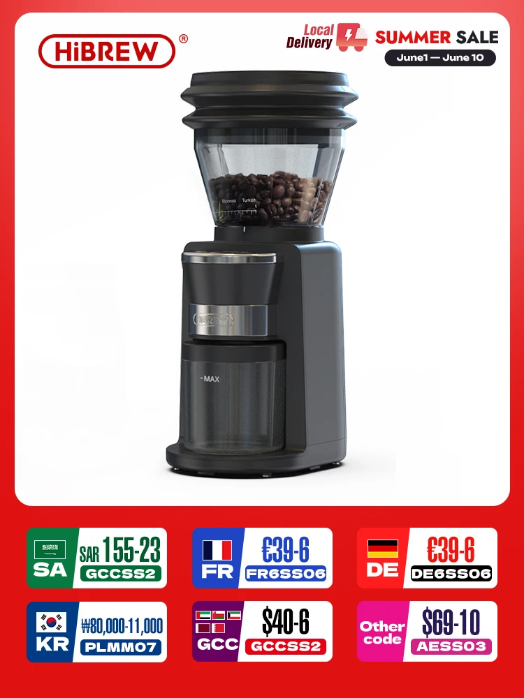 HiBREW Coffee Mill Automatic Electric Coffee Grinder with 31 Gears for Espresso American Coffee Pour Over Visual Bean Storage G3