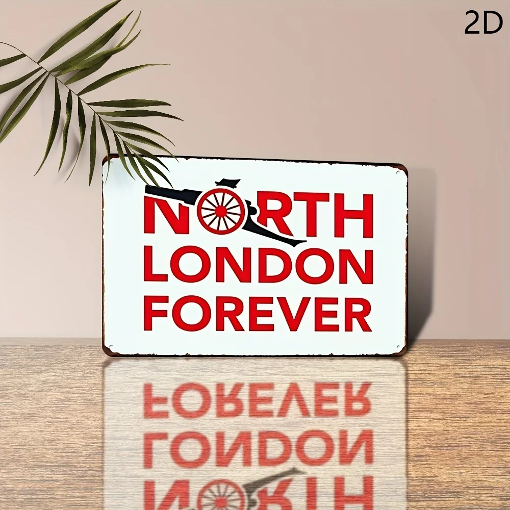 2D Flat - [2D Flat] 1pc TEAM Creativity Vintage Metal Sign- 30Cm X 20Cm - North London Forever Red & White Wall Art with Cannon