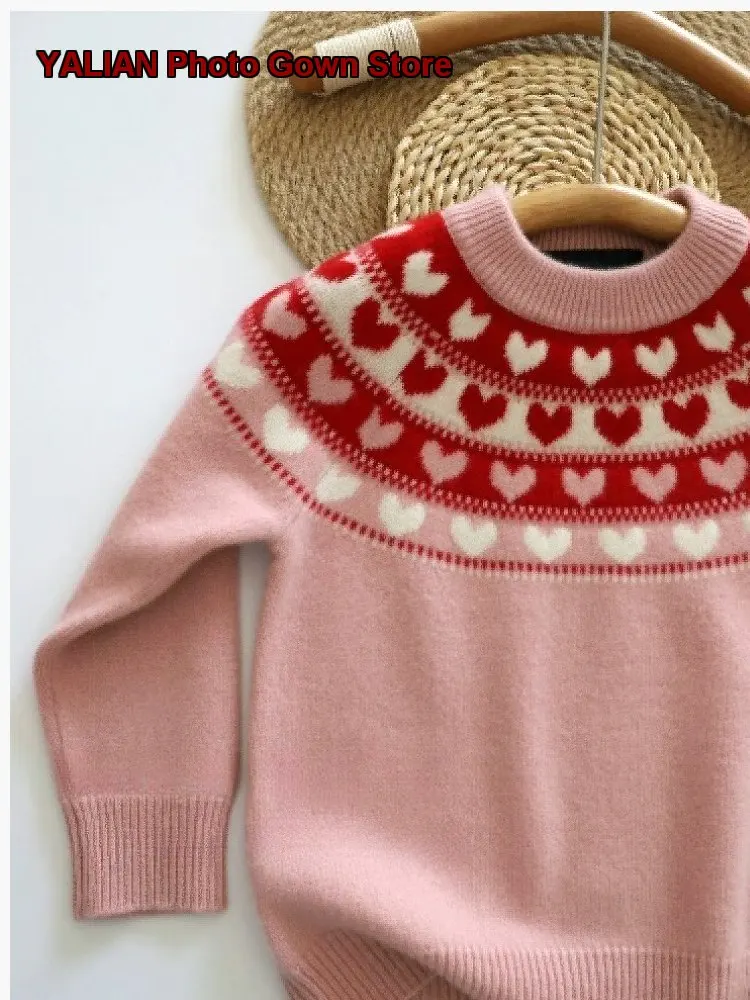 Girls Cardigan Kids Autumn Winter Fair Isle Cashmere Round Neck Knit Top Solid Color Fleece Lined Thickened Warm Soft