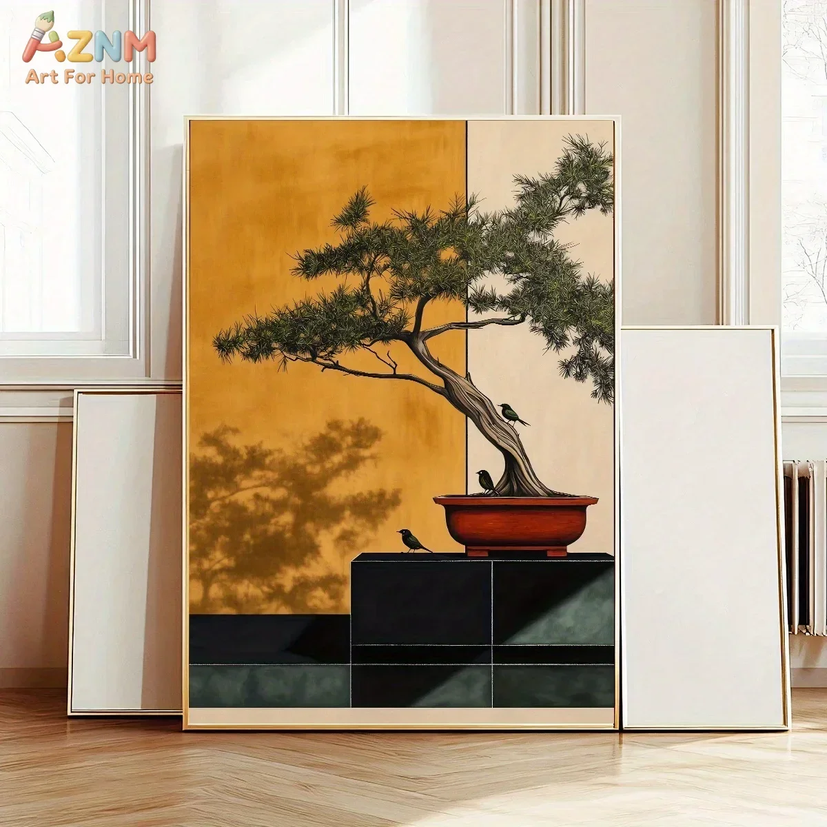 AZNM Japanese Bonsai Pine Tree Canvas Wall Art Minimalist Oriental Bird Botanical Print Unframed Canvas Painting Zen Home Decor