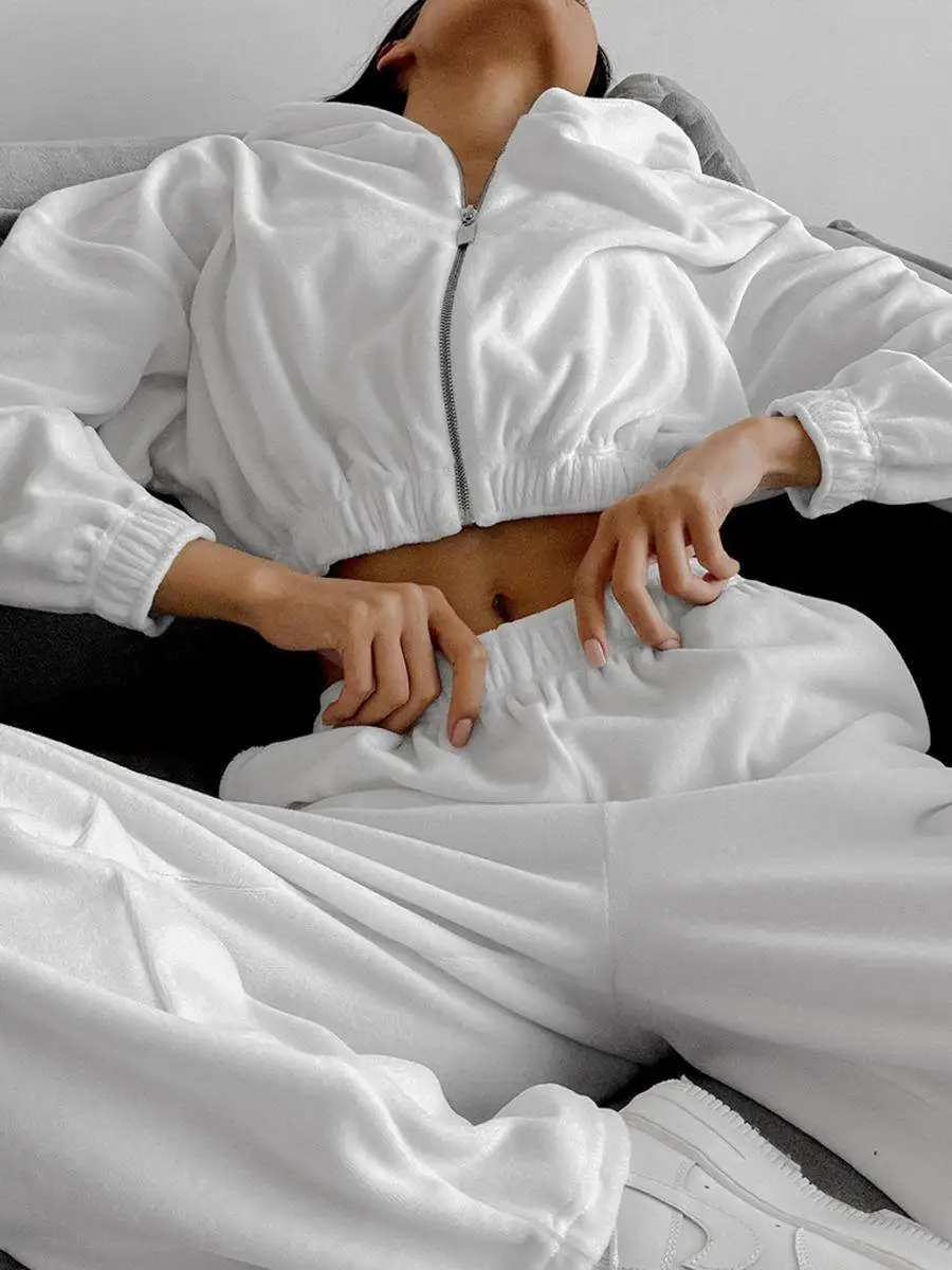 

White sports hooded sweatshirt long pants set 2025 solid color comfortable fashionable design sense casual velvet two-piece set