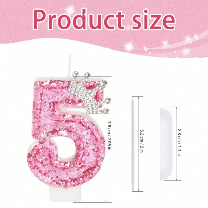 Pink Crown With Sequins Birthday Candles for Cake,Glitter Number 0-9 Candle Cake Topper For Women Birthday Celebrations Supplies