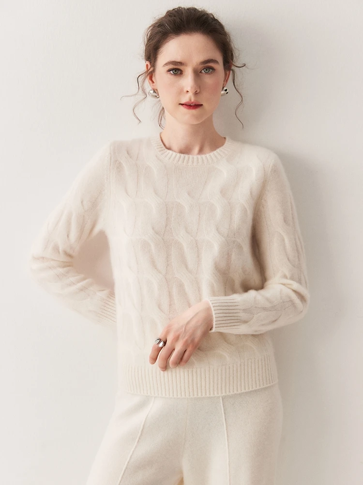 

Chic Warm Soft O-Neck Solid Cable Stitch Vintage Sweater 100% Cashmere Women's Autumn Winter Elegant Comfort Clothing Tops