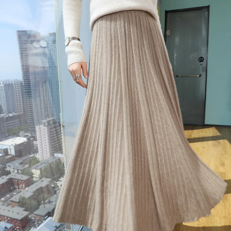 

Choice Women 100% Mink Cashmere Skirt Office Lady Grace Style Bright pleated Skirt Autumn Winter Thick Soft Cashmere Long Skirt