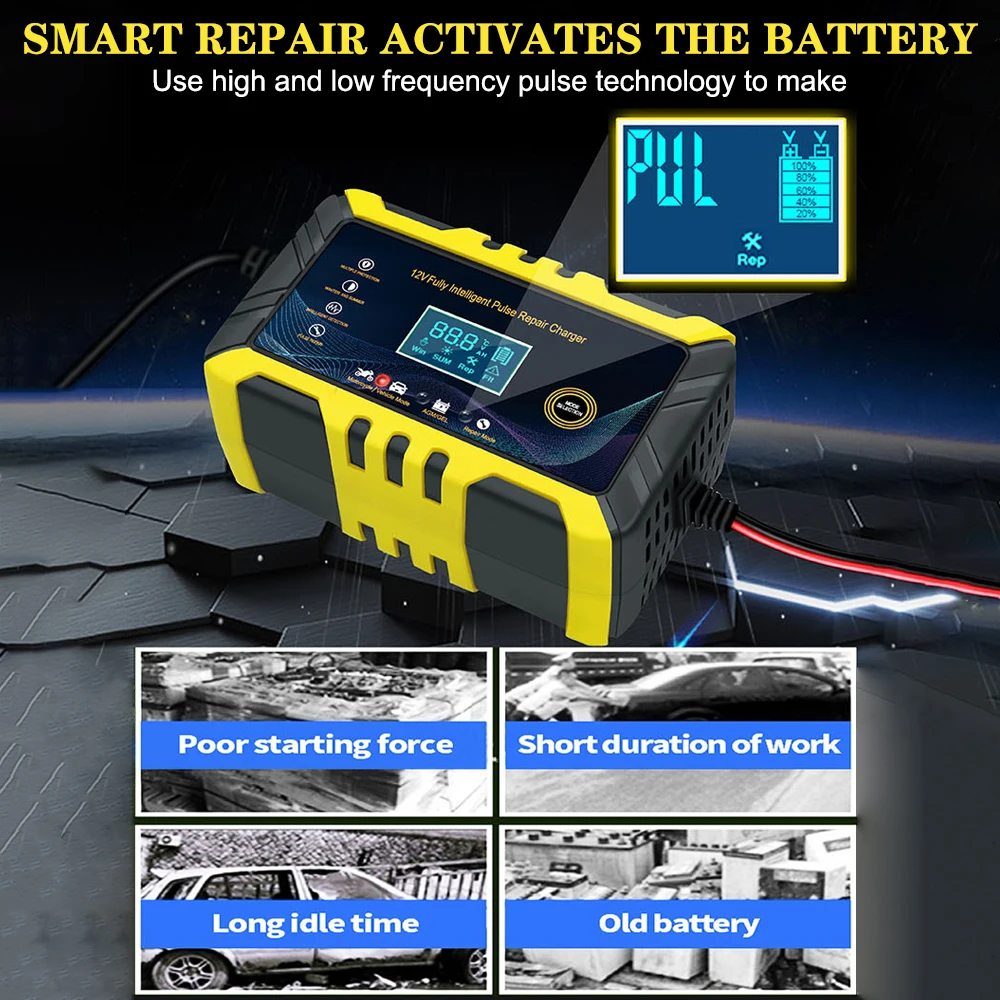 자동차 배터리 충전기 펄스 수리, 납산 배터리용, 다채로운 디지털 디스플레이 지능형 감지, 100V, 240V 입력, 90W, 12V, 6A