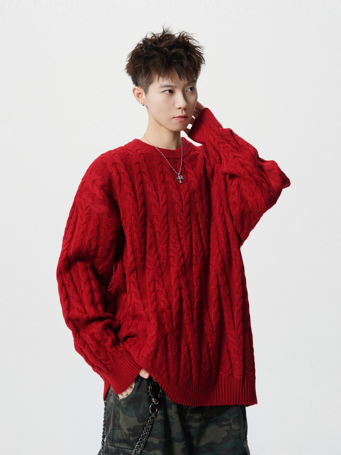

Retro Trendy Brand Knitted Red round Ne Loose Men's Sweater Autumn Couple Casual Sle Long Sve Warmth Comfortable Knitwear
