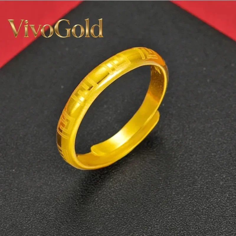 

VivoGoldKorean Version 9999 24K Real Gold Trendy Great Wall Pattern Ring Women's Jewelry Hot Flower Swastika Ring