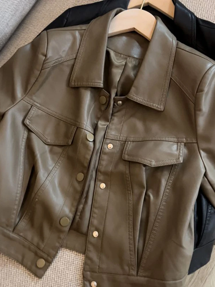 Female Casual Lapel Jacket for Women Autumn New Long Sleeved Streetwear Overcoat Women's Black Short Motorcycle Leather Coat