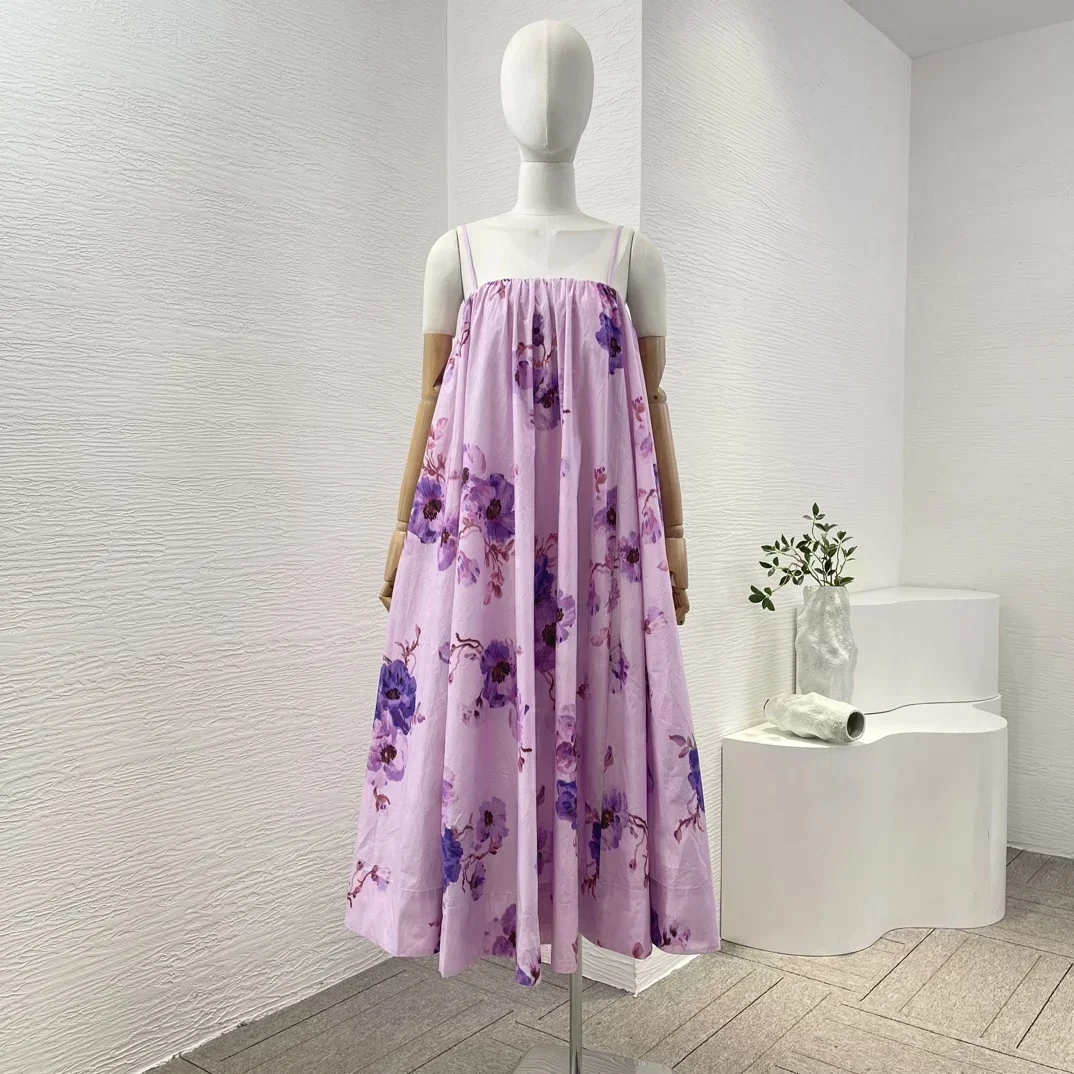 Pink New Summer Holiday Cotton High Quality Women Sleeveless Floral Print Camisole Pleats Violet Strapless Midi Loose Dresses