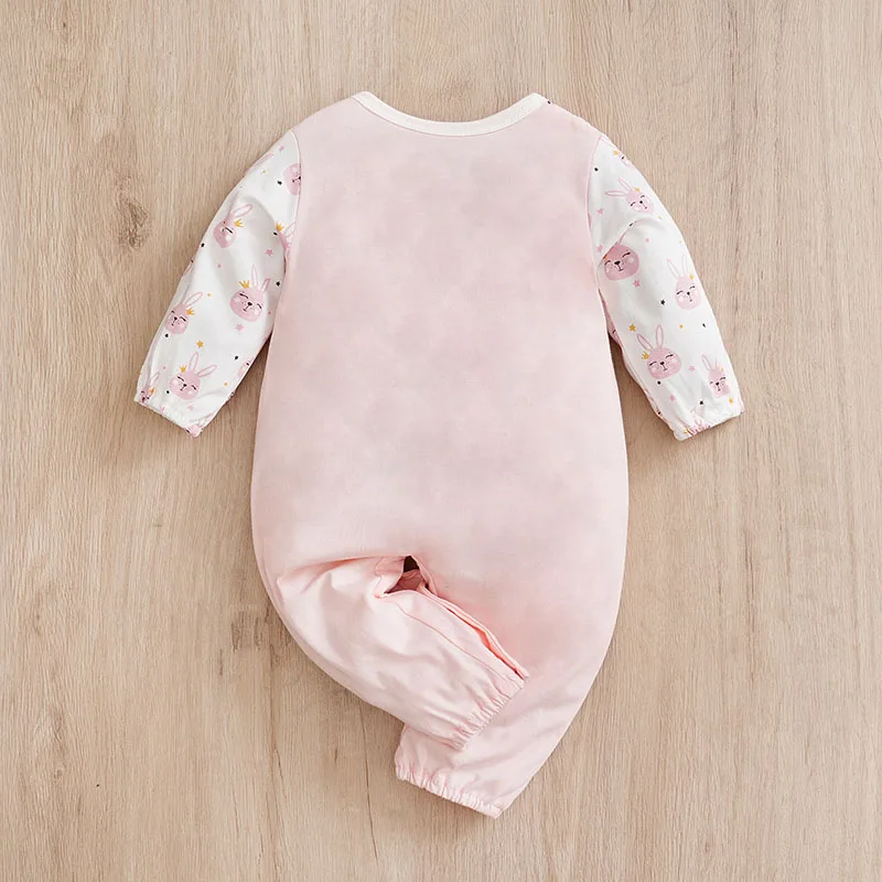 Spring and Autumn Newborn Bodysuit Cute Rabbit Full Print Fake Two Piece Strap Pants Girl Baby Bodysuit Long sleeved Pure Cotton