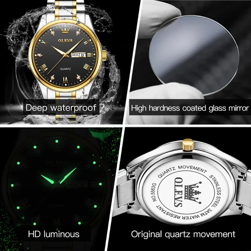 OLEVS-Relógio Quartzo Impermeável em Aço Inoxidável Masculino, Relógios De Pulso De Negócios, Luminosos Relógios Esportivos, Top Marca De Luxo