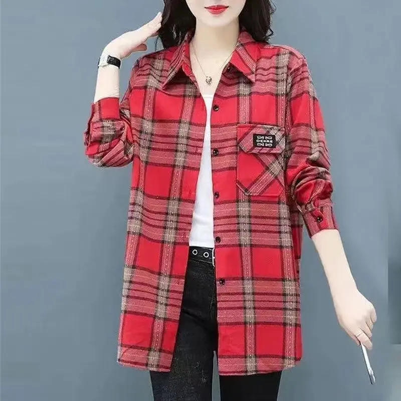 2024Spring and Autumn New Loose and Skinny Plaid Shirt for Women Outdated and Stylish Aging Shirt Spring Versatile Top for Women